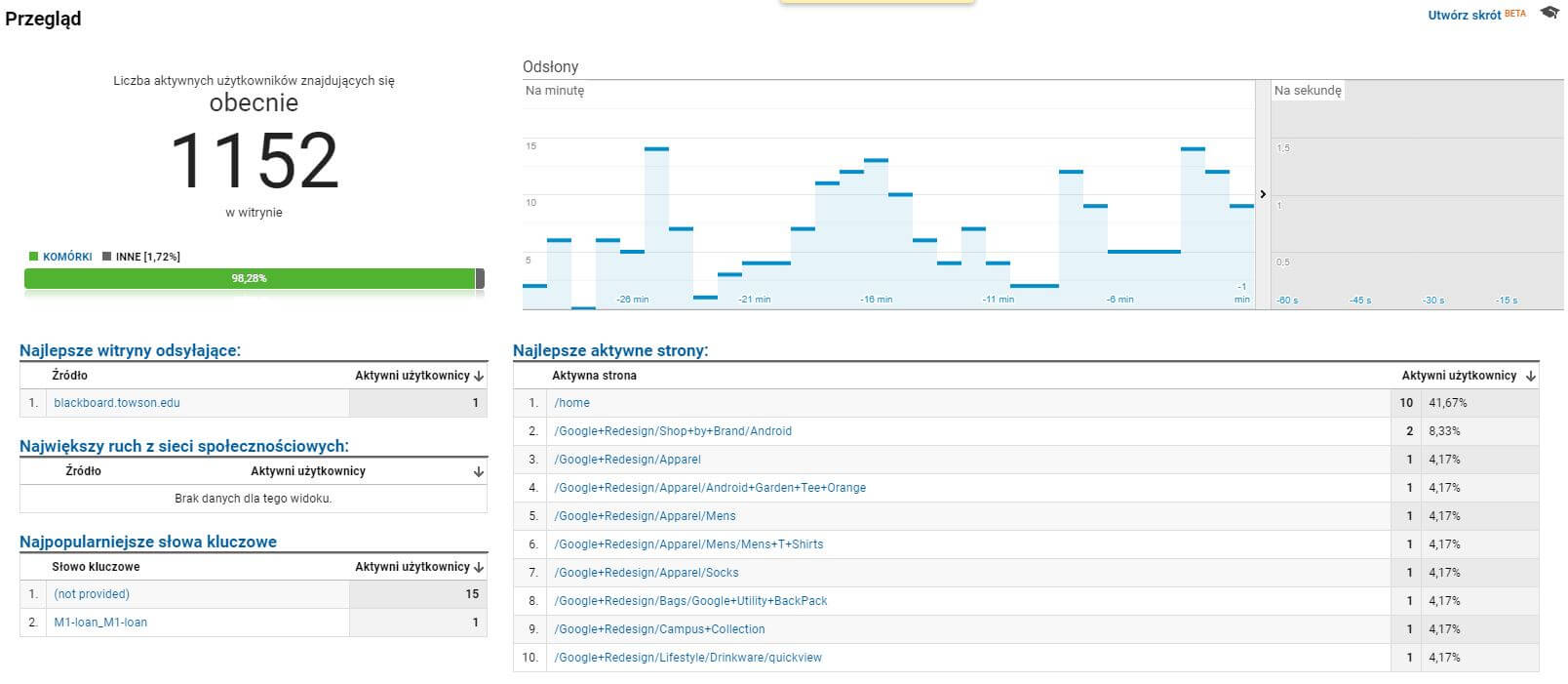 Widok ekranu głównego raportu Czas rzeczywisty w Google Analytics