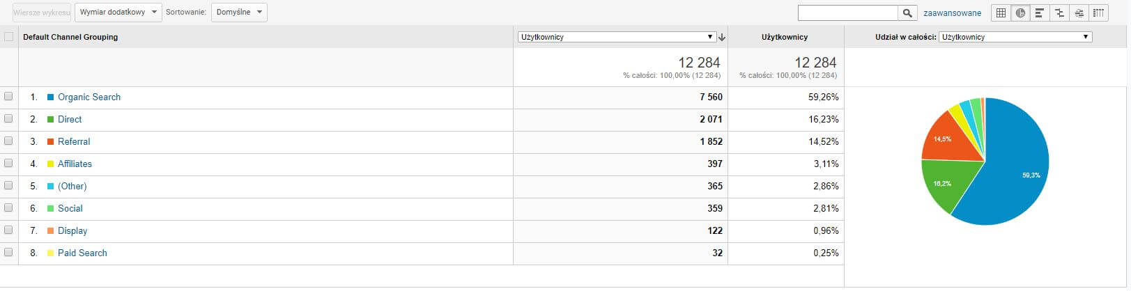 Widok ekranu raportu Kanały w Google Analytics