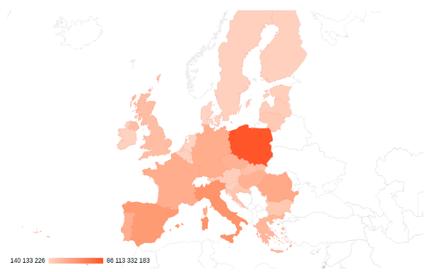 Mapa podziału środków na poszczególne kraje członkowskie UE