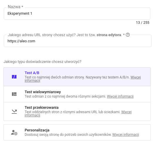 Ekran tworzenia eksperymentu w Google Optimize